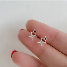 Stud Earrings Silver Plated Japanese Miniature Inlaid Crystal Four Corner Star Anti Allergy Women's Cute Party Jewelry