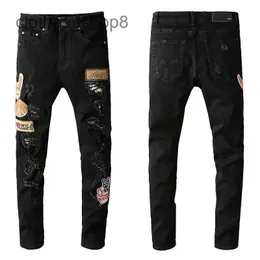 designer jeans Men's Jean Amirres Denim Mens Pants 687 fashion brand light blue embroidery printing patch elastic slim fit small foot hole high street FE8C