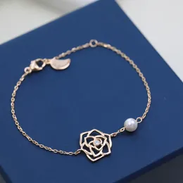 Hollow Camellia Rose Pearl Bracelet with Diamond 925 Sterling Silver Material Electroplated 18k Rose Gold French High Beauty Value