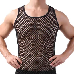 Herrtankstoppar män vest undertröja gaykläder nylon mesh skjorta se genom rena ärmar t s sexiga transparenta underkläder 230510