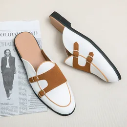 Läder handgjorda varumärken canvas casual muller loafers män glider på lägenheter som kör klänningskor halv tofflor 3847 230509 5 pers