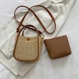 Akşam çantaları 1 set saman mini çanta ve kadın için çanta omuz kızları küçük rattan dokuma yaz plajı messenger lüks tasarımcı 230510