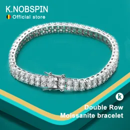 Knobspin Double Row Moissaniteテニスブレスレット3mmホワイトゴールドメッキスターリングシルバーラボダイヤモンド女性男性用GRAブレスレット