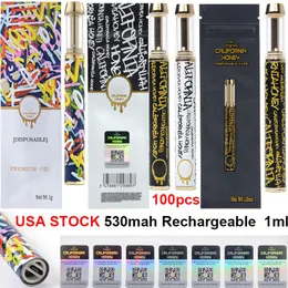 USA Warehouse Disposable Vape Pen Rechargeable Large 530mah Battery Empty 1ml California Honey Device Pods With Package Bag White Black Colorful Carts 100pcs Lot