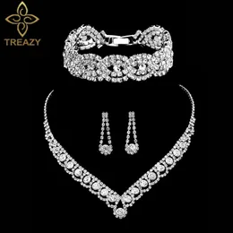 Treazy Silver Color Rhinestone Crystal Bridal smyckesuppsättningar för kvinnor halsband örhängen armband set bröllop smycken tillbehör