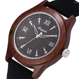 Wristwatches Men Wood Quartz Watch Simple Minimalist Dial For Man Watches Brown Leather Strap Clock Male Natural Sandalwood Wooden