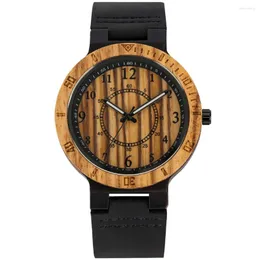 Armbandsur Zebra Ebony Wood Watch for Men Black äkta läderklocka Arabiska siffror Lysande pekare Trähanteringar gåvor gåvor