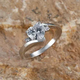 Anéis de casamento fofos amor coração para mulheres cor prata cor branca zircão bandas de pedra prometem noivado anel de dia dos namorados