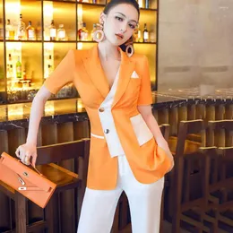 Women's Two Piece Pants Summer Hit Color Spliced Suit Set Female 2023 Orange Short Sleeve Jacket White Wide Leg Ladies Business 2