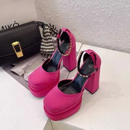 Sapatos de vestido saltos altos roxos juno juno de cristal sapatos de cetim de cetim Bombas de plataforma dupla sandálias grossas designers de luxo feminino