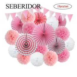 Andra evenemangsfestleveranser Kids Girl Comunion Favor Pink Set Hanging Mixed Size Paper Fan Tissue Pompom för Boy Dop Wedding Anniversary Decor 230510