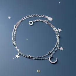 Popular 925 Sterling Silver Star Moon Bracelet Geometric Double Layer Bracelet Party Gift Fashion Women Jewelry Free Shipping