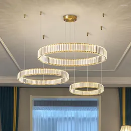 Chandeliers Modern Luster Crystal Led Chandelier Light Villa Stairs Steel Circle Suspend Lamp Foyer Droplight Fixtures