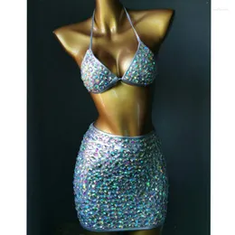 Damskie stroje kąpielowe 2023 Diamentowa spódnica krystaliczna krystaliczna odzież plażowa seksowne kobiety bikini set Bling Stones Rhinestone