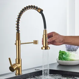 Kökskranar Quyanre Borstat Gold Pull Down Single Handle Mixer Tap 360 Rotation Torneira Cozinha 230510