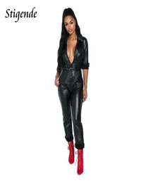Stigende Women Turn Down Collar Faux Leather Jumpsuit Long Sleeve Black Pu Leather Jumpsuit Bodycon Pocket Zipper Party8656902