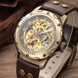 腕時計2023 Shenhua Retro Bronze Skeleton Mechanical Watch Men Automatic Watchesスポーツレザーレザーレロジオマスクリノ男性時計