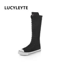Boots fashion 3Colors women's canvas boots lace zipper knee high boots flat shoes casual high help punk shoes girls 230511