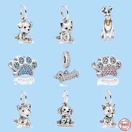 925 sterling silver charms for pandora jewelry beads Cute Puppy Blue Dog Head Paw Head Hangle Pendant New
