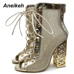 Boots Aneikeh Size 41 42 43 Sexy Golden Bling Gladiator Sandals Women Pumps Ladies Shoes LaceUp High Heels ANKLE Boots Fashion 230511