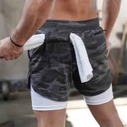 Shorts masculinos camuflando shorts homens 2 em 1 de dois andares de dois andares seco esportivo shorts fitness jungging shorts homens esportes calças curtas 230511