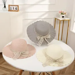 Wide Brim Hats Women Hat Lace Butterfly Knot Handmade Round Straw Sun Protection Pleated Classic Beach Travel Supply