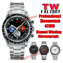 TW fabriksklockor TWF Professional 42mm Moonwatch Mechanical Hand Winding Chronograph Mens Watch Black Dial 316l Rostfritt stål Armband Gents Armbandsur