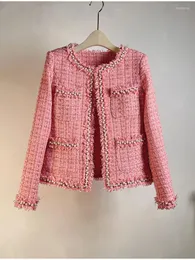 Jackets femininos designer francês Spring Spring rosa Tweed lã xadrez curto tops feminino pérolas o pescoço de botão coberto de tassel tassel