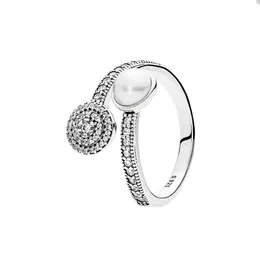 White Pearl Sparkling Open Ring för Pandora Authentic Sterling Silver Party Jewelry Designer Rings for Women Sisters Gift Crystal Diamond Ring med originalboxuppsättning