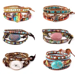 Chain Vintage Bohemian Colorful Natural Stone Bracelet Long Adjustable Leather Wrap Beaded Bracelets For Women Fashion Jewelry Gift 230511