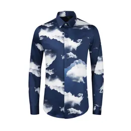 新しい到着青い空と白い雲のフィギュアデジタルコットンプリントメンズスリムフィット長スリーブシャツファッションパーソナリティサイズM-4XL