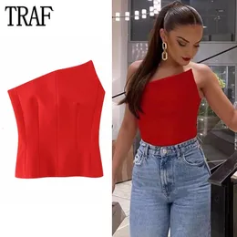 Women s Tanks Camis TRAF Asymmetric Corset Top Female Red Backless Crop Off Shoulder Bustier s 2023 Sleeveless Sexy 230511