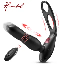 Wool Yarn Thrusting Vibrating Dual Cock Rings Prostate Massager Anal Vibrator Stimulator Butt Plug Delay Sexy Toys for Men Coup