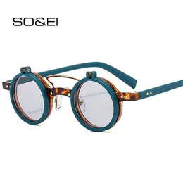 Sunglasses SO EI Ins Fashion Small Round Punk Double Bridges Women Sunglasses Retro Flip Lens Shades UV400 Men Rivets Sun Glasses 230511