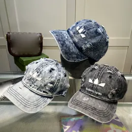 Coppia Denim Materiale Designer Berretto a sfera Lavaggio estivo Indossato Indossato Foro Lettera Stampa Vacanze Viaggi Protezione solare Casquette 3 colori