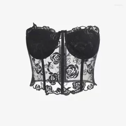 Women's Tanks Corset-style Embroidered Bustier Tube Top 2023 Fashion Y2K Clothes Sexy Black Lace Women's Cinched Waist Strapless Vest