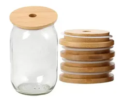 Bamboo Cap Lids 70mm 88mm Reusable Bamboo Mason Jar Lids with Straw Hole and Silicone Seal 60pcs