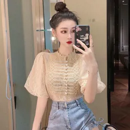 Kvinnor BLOUSES Fashion Women's Puff Short Sleeve Pearl Button Brodery Topps Court Style Ladies Summer Vintage Black White Lace Shirt