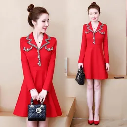 Casual Dresses Retro Lapel Long-Sleeved Dress Women's Spring And Autumn 2023 Temperament Fat MM Fashion Elegant Mujer Red