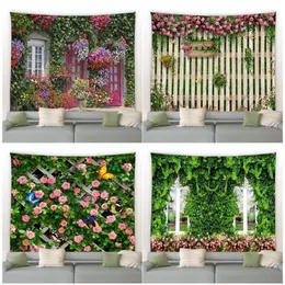 Decorações de jardim Spring Butterfly Flowers Tapestry Retro Cerca de madeira Natureza Plantas de rosas rosa Plantas florais penduradas para decoração de casa Cenário de decoração 230511