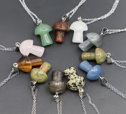Fashion Natural Stone Mushroom Necklace Pendant Cute Mini Statue Reiki Charms Crafts Jewelry MKI Whoel9908559
