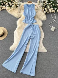 Women's Two Piece Pants Korean Suits Women's Two Piece Set Summer Slim Fit Sleeveless O-neck Tops High Waist Slits Trousers Two-piece Suit Female D1109 230511