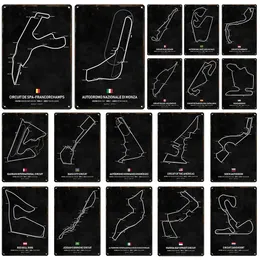 Hisimple F1フォーミュラ1レーシングトラックルートアートペインティングメタルティンアイアンウォールデコレーションプラークアートポスタープレートメンケイブガレージバーベッドホーム装飾ギフトサイズ30x20cm