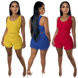 Casual Knit Tassel Skinny Two Piece Sets Women Sexy Strapless U-neck Crop Top And Shorts Matching Street Wear Slimming Suits