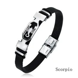 12 Bransoletka do mankietu ze stali nierdzewnej stali nierdzewnej Mężczyźni Znak Zodiak Zodiak czarna skórzana bransoletka biżuteria pulseras hombre