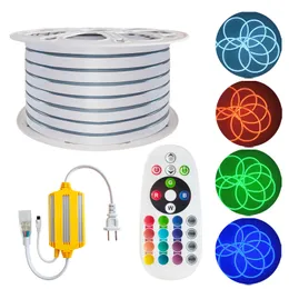 AC110V RGB LED Strip Lights ، مرنة RGB LED مصابيح NEON ROPE IP65 NEON NEON FLEX COTTABLE SILICONE 16 تغيير اللون مع REMOTE FOR Party DIY OEMLED