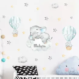 Party Decoration Cartoon Bear Air Balloon Clouds Gray Blue Custom Name Wall Stickers Watercolor Nursery Vinyl Decals for Kids Room Decor 230510