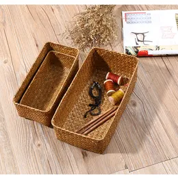 Storage Baskets Rectangle Hand Woven Basket Desktop Natural Straw Box Sundries Gadgets Organizer Cosmetic Container Organization 230510