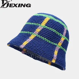 Cappelli a tesa avara Filati di cotone intrecciati a mano Cappelli a secchiello all'uncinetto Donna Cappello da pescatore a quadri Cappello da donna Designer Autunno Inverno Panama Cappello lavorato a maglia 230511