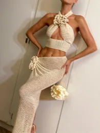 Two Piece Dress Summer Knitted Beach Suit Women Sexy See Through Set Vacation Outfits Beige Halter Crop Top and Maxi Skirt 230512
